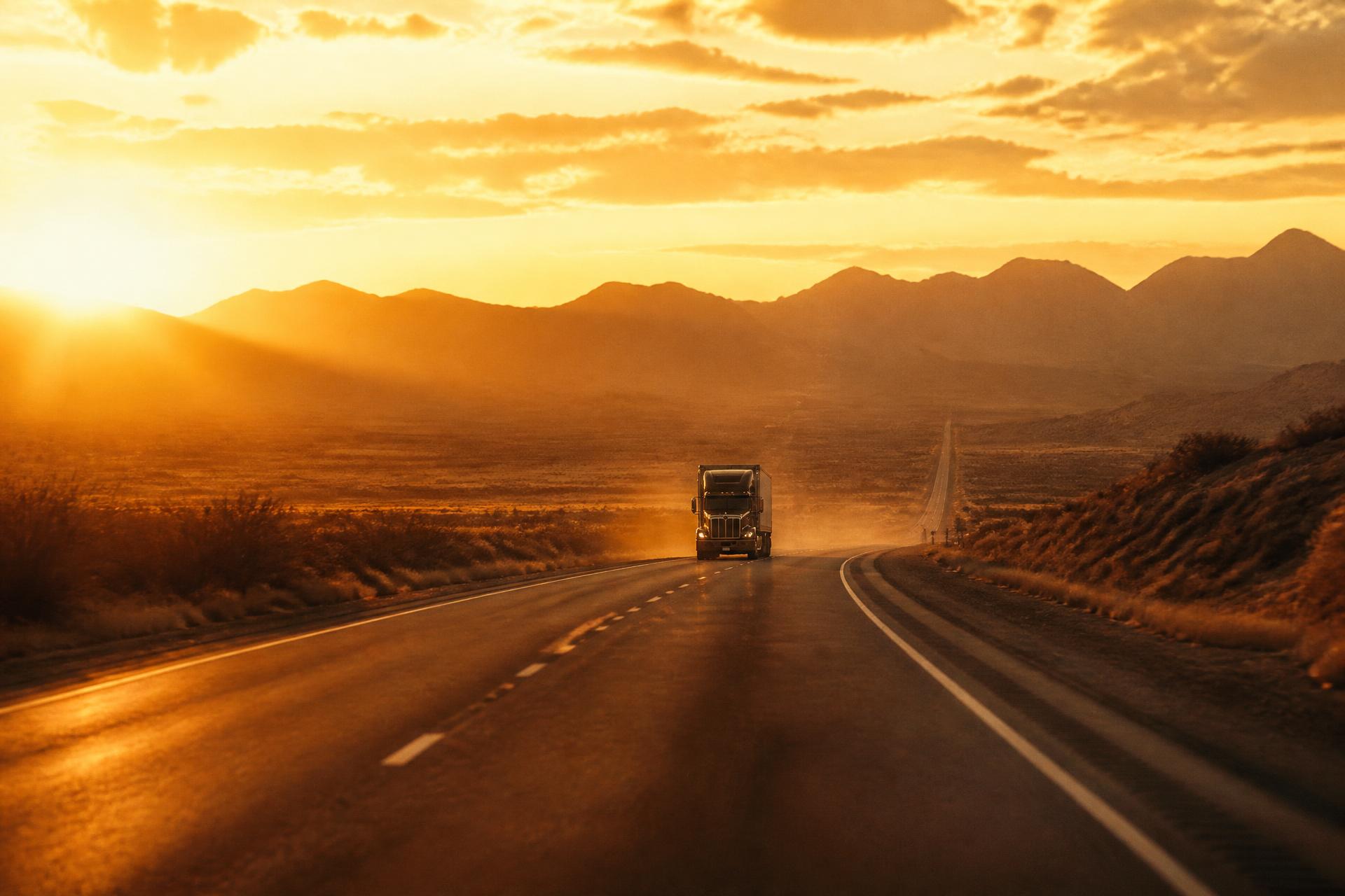 Semi truck on an open highway at sunrise